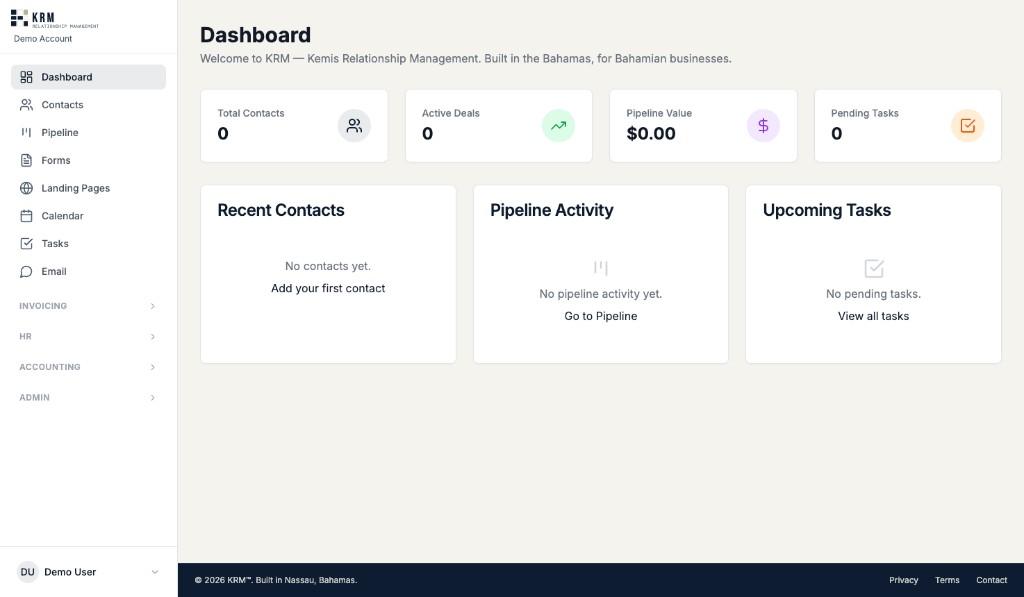 KRM Dashboard - Contacts, Pipeline, Tasks, and unified CRM for Bahamian businesses